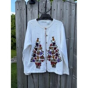 Vintage Festive Victoria Jones Cardigan L White Christmas Tree Embroidered Beads